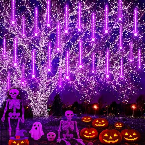 Lauzior Christmas Decoration Outdoors - 32 Tubes Meteor Shower Lights, Waterproof Falling Rain Lights for Halloween Decor Xmas Tree Garden Yard Wedding Party, Purple - Thumbnail 5