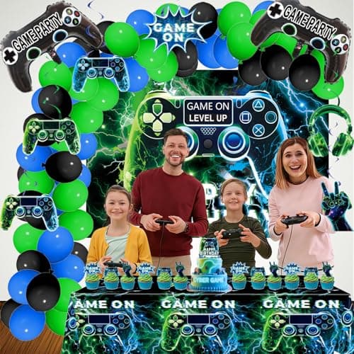 Video Game Party Decorations Set – Gamer Birthday Supplies with Backdrop, Table Cover, Hanging Swirls, Cake Toppers, Foil Balloons for Boys & Kids - Thumbnail 4