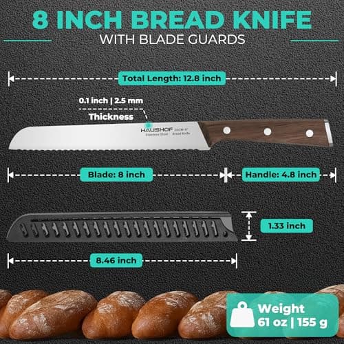 HAUSHOF Bread Knife with Sheath, 8-Inch Serrated Bread Knife for Homemade Bread, 5Cr15Mov Premium Stainless Steel Bread Cutter with Gift Box for Mom Dad, Full Tang and Ergonomic Handle - Thumbnail 4