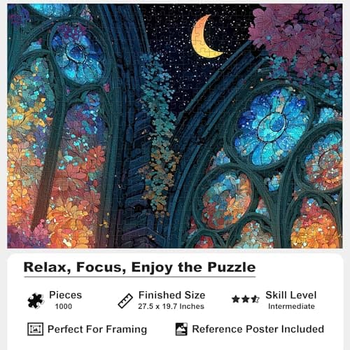 Teemosreal Puzzles for Adults 1000 Pieces, Stained Glass Cat Fantasy Night Moon Scene, Challenging Puzzle Game with Poster, Matte Finish, Interlock Perfectly Frameable Wall Decor Gift - Thumbnail 3