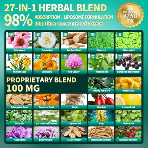 VivoNu 27-in-1 Liposome Lymphatic Drainage Supplements, 90 Day Supply with Echinacea, Chlorophyll, Dandelion, Burdock, Mullein Leaf Extract for Lungs, 10:1 Concentrated Technology, 90 Capsules - Thumbnail 3