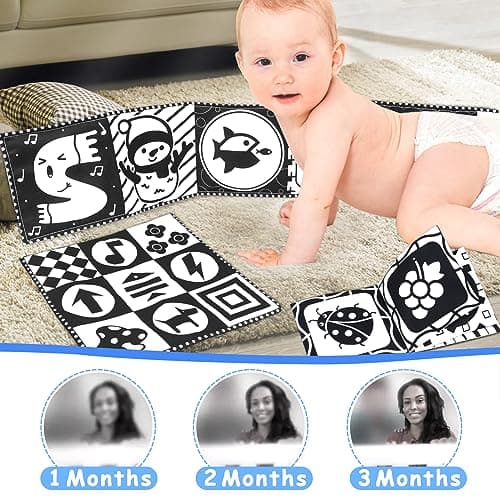 KUANGO Newborn Toys Black and White Baby Toys 0-3 Months High Contrast Baby Toys for Newborn - High Contrast Baby Soft Book Infant Tummy Time Toys Crinkle Sensory Toys for Brain Development - Thumbnail 5
