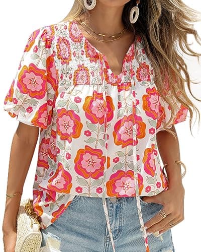 KIRUNDO Boho Tops for Women Summer 2026 Dressy Floral Blouse V Neck Drawstring Short Sleeve Shirts Beach Vacation Clothes(White Pink Flower, XX-Large) - Image 1