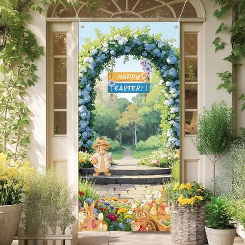Lednica Happy Easter Door Decoration, Rustic Hydrangea Easter Door Cover with Bunny Eggs, Spring Floral Arch Garden Banner for Party Decor & Supplies, 71x35 Inch - Thumbnail 2