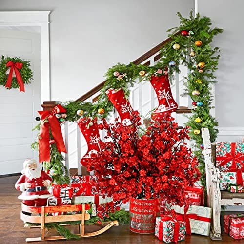 niuniufine 4Bundles Babys Breath Artificial Flowers Fake Silk Real Touch Floral Arrangement for Wedding Bouquet Home Office Farmhouse Wedding Centerpiece Decor White/Red - Thumbnail 2