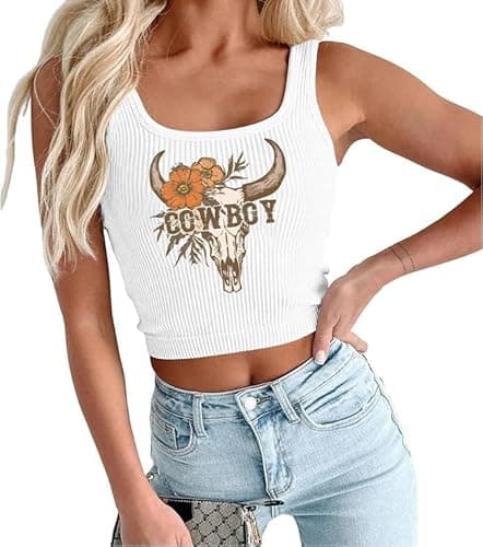 Tewmeu Cowgirl Cropped Tank Tops Summer Country Concert Outfits for Women Western Cowboy Vintage Graphic Crop Top - Image 1