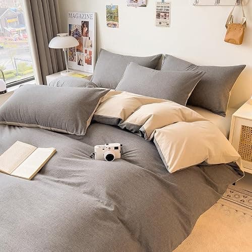 DCSKY Duvet Cover Set - 100% Washed Cotton, 3 Piece Pre-Washed Super Soft Breathable Bedding with Duvet Cover and 2 Pillow Cases (05Gray(No Comforter), King (104''x90''))