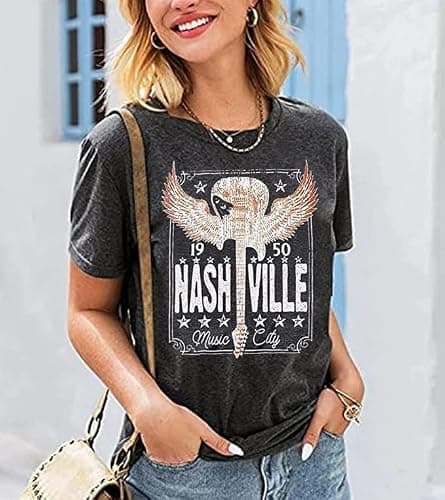 Womens Nashville Shirts Country Music Concert Tshirts Vintage Graphic Short Sleeve Tees for Women Black S - Thumbnail 3