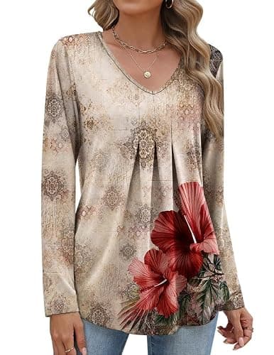 Misakia Women Long Sleeve Top V Neck Casual Shirt Loose Fit Fall Blouse Trendy Tunic Clothes 2025 - Image 1