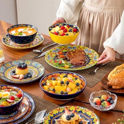 vancasso 16 Pieces Plates and Bowls Set, Bohemian Style Dinnerware Sets Service for 4, Porcelain Boho Dishes Set for Kitchen, Housewaring Gift, Dishwasher and Microwave Safe, Series KRVI - Thumbnail 5