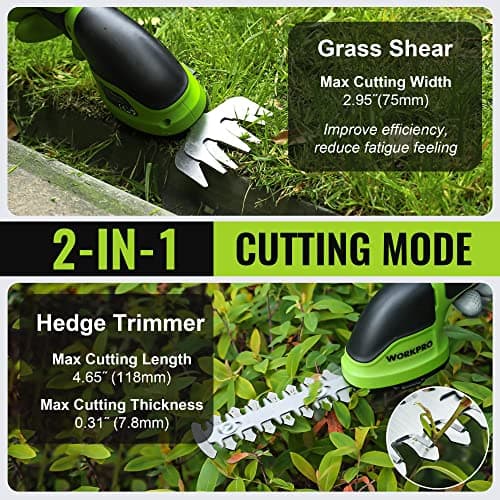 WORKPRO Cordless Grass Shear & Shrubbery Trimmer - 2 in 1 Handheld Hedge Trimmer Electric Grass Trimmer Hedge Shears/Grass Cutter Rechargeable Lithium-Ion Battery and Type-C Cable Included (Green) - Thumbnail 2