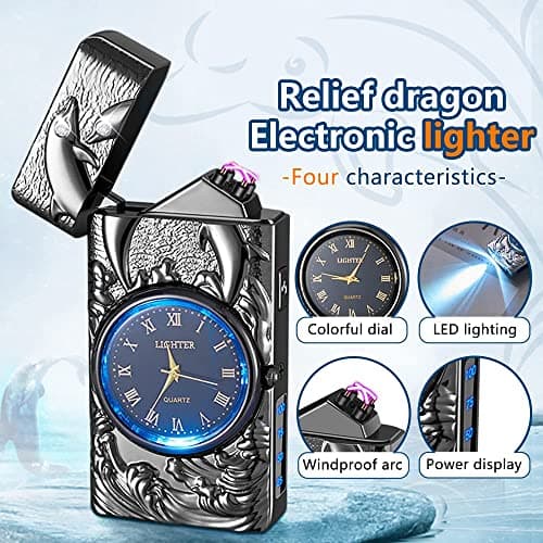 GADATOP Electric Lighter Rechargeable Windproof Lighter Plasma Lighters with 3D Dolphin Relief Built-in Clock LED Light for Daily Use Travel Essentials (Black) - Thumbnail 3