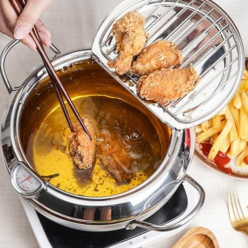 Deep Fryer Pot, Japanese Style Tempura Deep Fryer Frying Pot With Thermometer, Lid, Oil Drip Drainer Rack for French Fries Fish Shrimp Chicken 7.9 Inch/2.2 L 304 Stainless Steel Gifts - Thumbnail 4