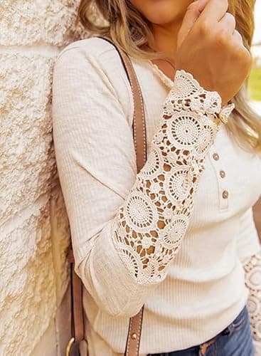 BTFBM Women Long Sleeve Shirts Solid Button V Neck Lace Sleeves Slim Fit Casual Fall Shirts 2025(Beige, XX-Large) - Thumbnail 4