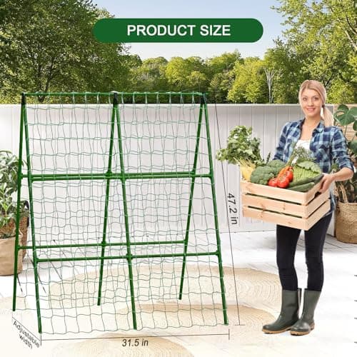2-Pack A-Frame Cucumber Trellis for Raised Bed - 33"x47" Foldable Garden Trellis with Net & Clips|Space-Saving Metal Plant Support for Cucumber, Tomato, Peas|Rust-Proof Outdoor Climbing Plants Trellis - Thumbnail 3