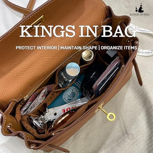 Women's Purse Organizer Insert - Satin & Lightweight Fabric with Inside Pockets, Portable for Commute, Travel, Shopping, and Evening, Multicolor Options, Fits for Kelly Mini II(Gold, Mini II) - Thumbnail 2