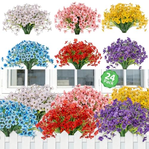 PADONISE 24 Bundles Artificial Flowers for Outdoor Indoor Decor, Fake Silk Flower Plastic Stems UV Resistant for Hanging Plants Spring Summer Bouquet Vase Porch Window Box Wedding Farmhouse Garden - Image 1