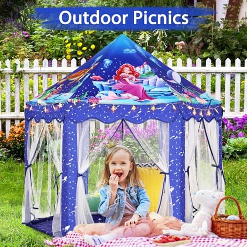 Monobeach Mermaid Princess Tent Girls Blue Large Playhouse Kids Castle Play Tent with Star Lights Gift Toy for Children Indoor and Outdoor Games - Thumbnail 6