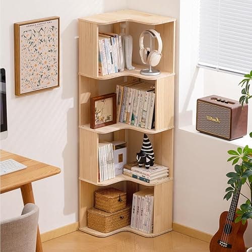 Baveke 5 Tier Coner Bookshelf- L-Shaped Bookcase, Tall Narrow Storage Shelf & Solid Wood Open Shelves, Natural