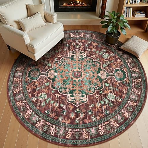 U'Artlines Boho Vintage Round Area Rug 6ft Machine Washable Low Pile Soft Floor Carpet Non Slip Non Shedding Accent Rug for Living Room Bedroom Entryway Dining Room Office Rust＆Teal - Image 1
