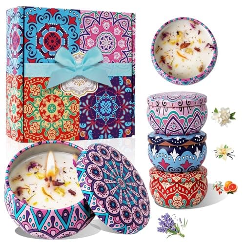 4 Pack Scented Candles for Women Men - 8% Essential Oil Aromatherapy Candle Set, 50H Long Lasting Natural Soy Wax Candles, Travel Tin Gift Box for Stress Relief Spa Yoga Birthday Housewarming Xmas - Image 1