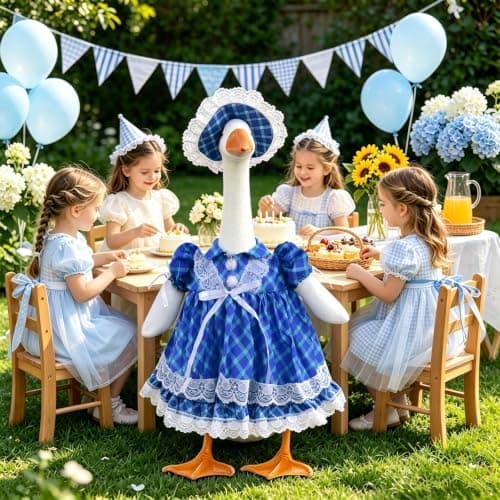 Sukione Blue Plaid Porch Goose Outfits, Summer Vintage Lawn Goose Clothes for 23" Cement Goose Statue, Cute Lace Dress with Hat for Outdoor Garden Patio Yard Art Decorations - Thumbnail 5