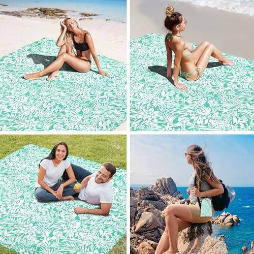 SkyNature Beach Blanket, Waterproof Sandproof Beach Mat with 4 Stakes & 4 Pockets, 78''×86'' Large Compact Lightweight Sand Free Outdoor Essentials for Beach, Picnic, Travel, Camping - Thumbnail 6