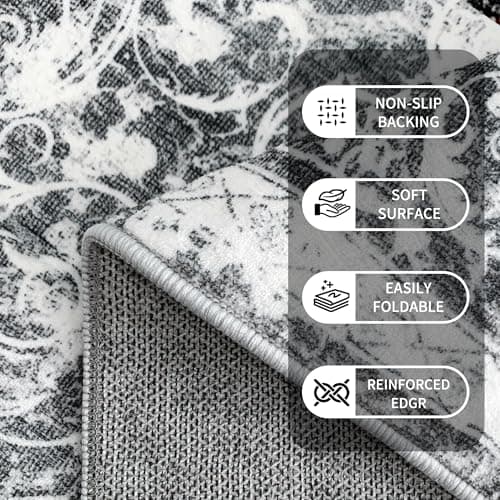 Ruicharm Washable Living Room Rug: 9x12 Boho Vintage Soft Area Rug for Bedroom Decor - Oriental Low Pile Thin Carpet for Dining Room Non-Slip - Farmhouse Stain Resistant Rugs - Grey - Thumbnail 6