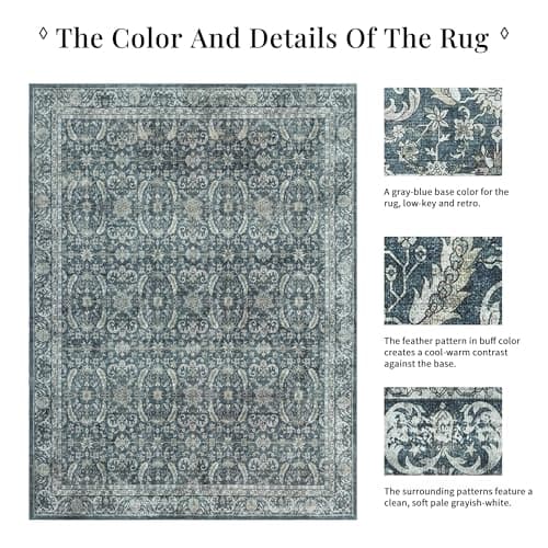 Brevonox Washable Living Room Rug: 8x10 Boho Vintage Soft Area Rug - Oriental Farmhouse Low Pile Thin Carpet for Bedroom Dining Room Home Office Decor Non-Slip Stain-Resistant - Smoky Indigo - Thumbnail 6