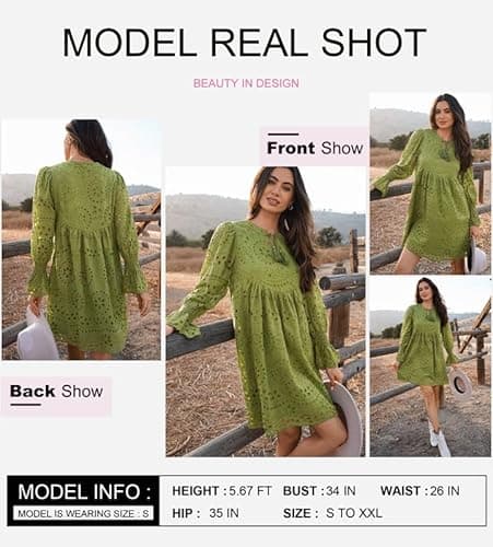 Dokotoo Womens Dresses 2026 Trendy Long Sleeve Tassel V Neck Elegant Graduation Dress Plus Size Spring Outfits Embroidered Hollow-Out Lace Cotton Midi Green Business Dresses X-Large - Thumbnail 2