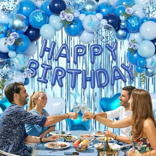 Navy Blue Birthday Decorations for Men Boys, Navy Blue Macaron Light Metallic Blue Confetti Balloons Happy Birthday Banner Butterfly Fringe Curtains for 21st 25th 30th Birthday Decorations - Thumbnail 5