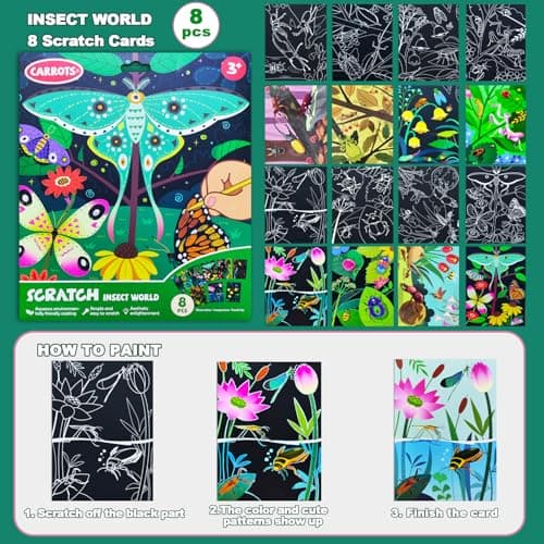 BAOXUE Scratch Art for Kids, Black Rainbow Scratch Off Art Paper Set,Bug Crafts Kits Supplies,Toddlers Activity Party Games, Art Gifts for Girls Boys,Stocking Stuffers for Kids - Thumbnail 5