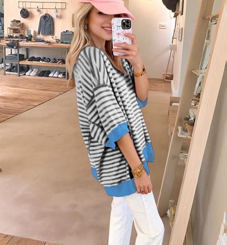 XINWEIZZ Oversized T Shirts for Women Casual Short Sleeve Striped Knit Shirt Crewneck Sweatshirts High Low Loose Blouse Tops - Thumbnail 3