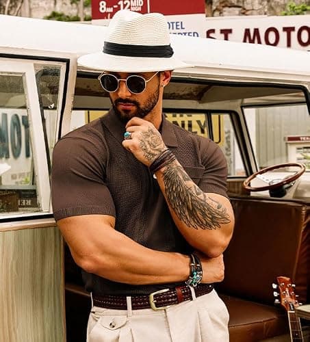 GRACE KARIN Mens Retro Polo Shirt Short Sleeve Coffee Knit Polo Shirts Casual Breathable Waffle Texture Knitted Polo Shirts L - Thumbnail 3