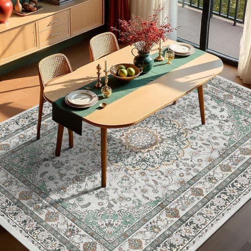 Light Green Soft Dining Room Rugs for Under Table, Washable 6x9 Non Slip & Non Shedding Area Rug for Living Room, Bedroom, Nursery, Home Office - Vintage Low Pile & Stain Resistant Oriental Carpet