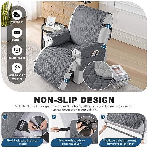 TAOCOCO 100% Waterproof Recliner Chair Covers, Non Slip Recliner Covers that Stay in Place, One-Piece Washable Reclining Chair Cover with Elastic Straps, Dark Gray, Fits 30" Seat Width - Thumbnail 3