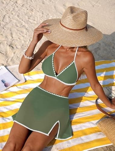 ZAFUL Womens Bikini Set Swimsuits with Mesh Skirt - Two Piece Swimsuit Tummy Control Bathing Suits 2025 Swimwear Army Green L - Thumbnail 5