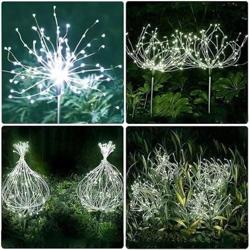 HFLYJPYW Solar Firework Lights 2Pcs Garden Lights Outdoor Waterproof, 120 LED with 8 Modes Twinkling and Steady-On, Festive daysStarburst Lights for Path, Patio, Yard (Cool White) - Thumbnail 5