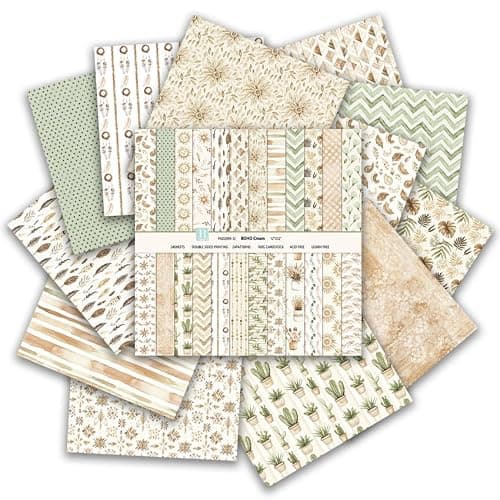 12x12 Scrapbook Paper & Scrapbooking Supplies, Boho Cream Double-Sided Patterned Cardstock Pad, Decorative Craft Sheets for Junk Journal & Photo Album, 24 Sheets