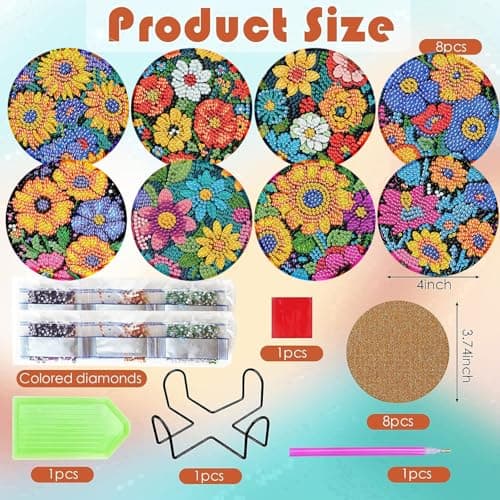 ijbnhd 8 Pcs Flowers Diamond Art Coasters with Holder-DIY Flowers Diamond Painting Coasters 5D Gem Art Coaster with Cork Pads for Adults (4X4inch) (Cork Wooden Pad) - Thumbnail 3