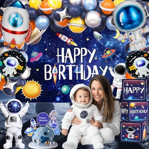 Outer Space Theme Birthday Party Decorations - Galaxy Party Supplies : Happy Birthday Backdrop, Tablecloth, Rocket ，Astronaut Balloons and Multi-color Balloons .Caketopper for Kids Boys - Thumbnail 4