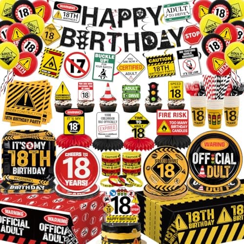 18th Birthday Decorations for Boys Girls Caution Logos Happy 18th Birthday Party Decorations with Official Adult Plates and Napkins Tablecloth Banner Toppers Bracelets Honeycombs Balloons,Serve 26 - Image 1