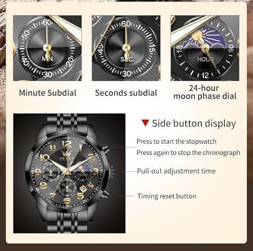 OLEVS Watch Men Black Watches for Men Luxury Big Face Stainless Steel Dress Analog Quartz Easy Read Mens Watches Classic Casual Waterproof Moon Phase Chronograph Men's Watch - Thumbnail 6