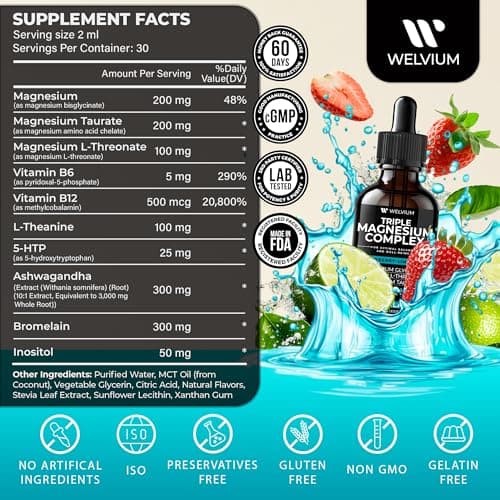WELVIUM Triple Magnesium Complex Liquid Drops - Magnesium Glycinate Supplement with L-Threonate, Taurate - Ashwagandha, L-Theanine, 5-HTP, Vitamins B6, B12, Bromelain, Inositol for Mineral Balance - Thumbnail 4