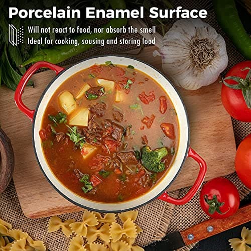 COOKWIN Cast Iron Casserole Braiser, 3.8 Quart Enameled Cast Iron Dutch Oven Pan with Lid, Heavy Duty and Dual Handles Skillet, Oven-Safe Porcelain Surface Casserole Dish, Red - Thumbnail 6