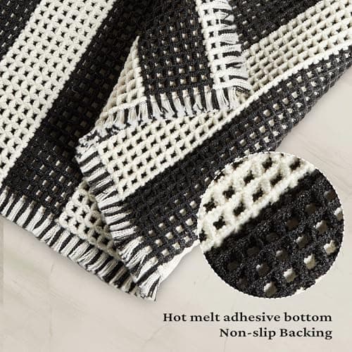 MatEssenz 2 Piece Checkered Bath Mat Set (17"x24" & 18"x30"), Black and White Waffle Weave Bathroom Rugs with Tassels, Non-Slip Quick Dry Shower Mats, Machine Washable Skin-Friendly Boho Decor - Thumbnail 4