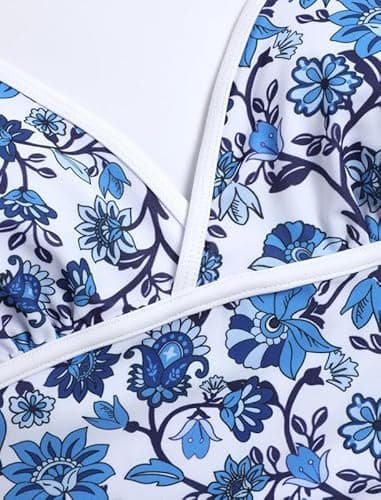 Jillumi Halter Tankini Swimsuits for Women Cute V Neck Halter Cute Bathing Suit Tie Side Thong Two Piece Swimsuit Blue White Floral M - Thumbnail 5