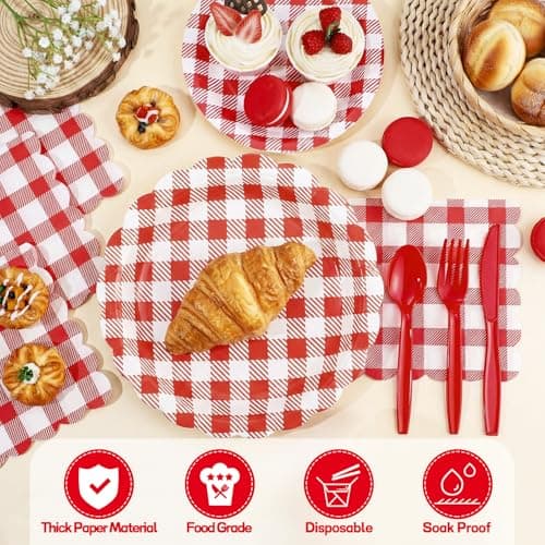 NatNarr 30 Pcs Red Gingham Plates, 9 Inch Scalloped Camping Plaid Dessert Dinner Party Plates Red and White Gingham Party Supplies for Picnic, Bbq Party, Graduation - Thumbnail 4