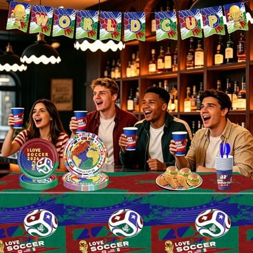 Party Decorations for World Cup 2026, 82 PCS Soccer Theme Party Supplies with Thickened Plates, Napkins Set Tablecloth and Banner for Sports Birthday Party, Soccer Decor - Thumbnail 3