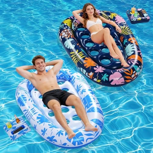 VIWUHUG 2 Pack Giant Inflatable Pool Float,78 x 55 Inches Pool Floats Adult Mat with Headrest & Cup Holder Lake Float Raft Water Lounger Swimming Floaty for Party time Beach Outdoor (Blue & Deep Blue)